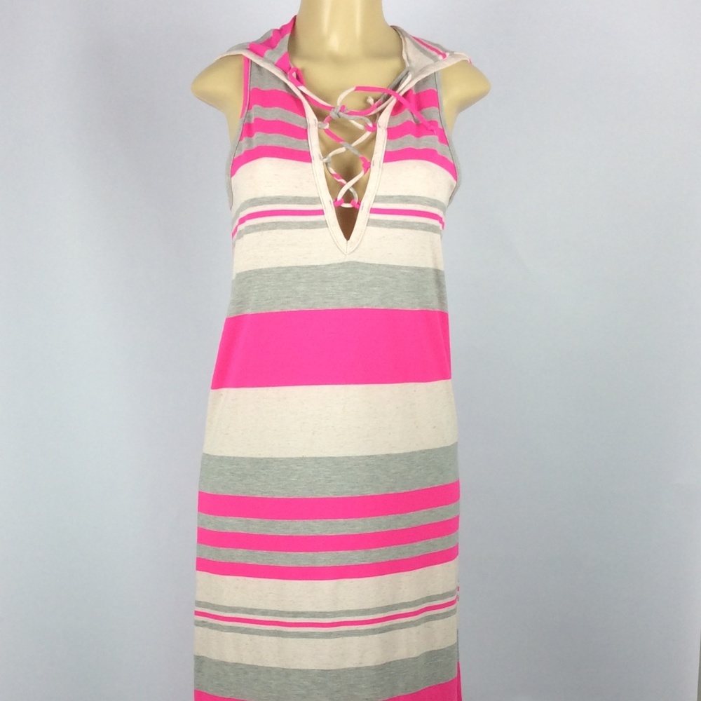 Tea N Rose Pink Striped Hooded Lace Up Maxi Dress